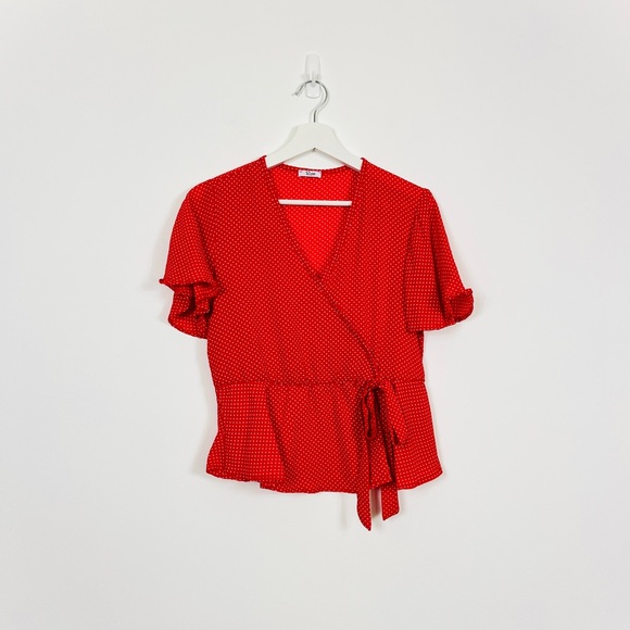 Ripe Red Polka Dot Faux Front Wrap Draped Top - Picture 1 of 5